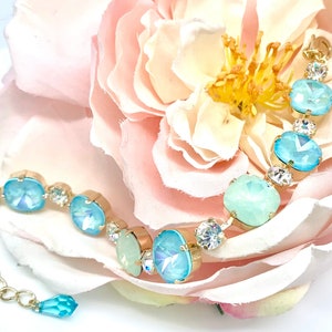 Statement Turquoise Swarovski Crystals Bracelet,Mothers Day Gift,Heavenly Chrysolite Opal and Aqua Shades,Matching Necklace,Posts or Clip On image 1