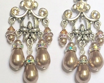 Champagne Bridal Chandelier Earrings, Swarovski Crystal Pear Pearls, STERLING SILVER Earrings,Swarovski AB Crystal Rondelles,Wedding Jewelry