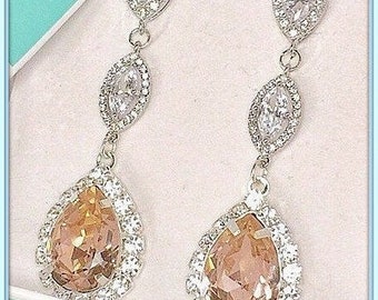 Morganite Earrings,Clip-On Blush Pink Champagne wedding Jewelry Set,Swarovski Bridal Earrings,Bracelet and Necklace,Sterling or Gold Overlay