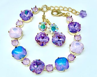 Bracelet cristaux Swarovski opale rose lavande lilas, cadeau fête des Mères, nuances lavande céleste, collier et boucles d'oreilles assortis