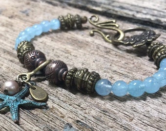 Nautical Bracelet,Translucent Blue Fluorite Gemstone,Antique Bronze and Copper,Patina Starfish Charm,Swarovski Crystal Pearl,Resort Jewelry