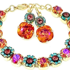 Conjunto de pulseras astrales rosa y naranja, ópalo del Pacífico y padparadscha, brillantes cristales Swarovski multifacéticos, flores brillantes, regalo de cumpleaños.
