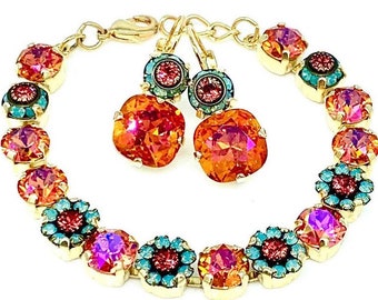 Astral Pink and Orange Bracelet Set,Pacific Opal and Padparadscha,Brilliant Multi Faceted Swarovski Crystals,Sparkling Flower Rondelles