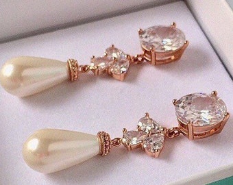 Rose Gold and Pearl Earrings,Brilliant CZs,South Sea Shell White Teardrop Pearls,Wedding Pearl Earrings,Rose Gold Bezels,Bridal Jewelry
