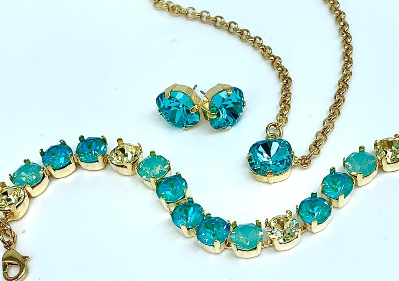 Dreamy Blues Jewelry Set,Sparkling Swarovski Turquoise Crystals,12mm Earrings,Necklace and Tennis Bracelet,Gold or Silver,Rose Gold image 1