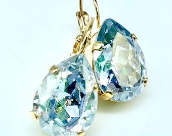 Ensemble de bijoux de mariage classique, cristaux bleus poussiéreux Swarovski, boucles d'oreilles de demoiselles d'honneur, bracelet et collier, paramètres en or ou argent ou or rose