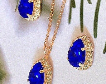 Ensemble de bijoux de mariage bleu majestueux, boucles d’oreilles de Noël, cadeaux de demoiselle d’honneur, clip-on, clou ou levier arrière, bleu royal, plaque d’or, argent ou or rose