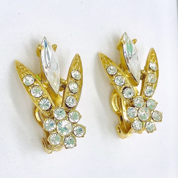 Vintage Designer Selini Rhinestone Earrings,Brilliant Clip On Rhinestones and Navette,Rare Vintage Jewelry,MINT Condition,Heavy Gold Plate