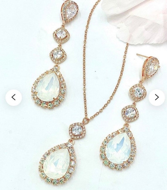 Statement Swarovski White Opal Wedding Jewelry Set,Large White Opal Teardrop,Dangling CZ Bridal Teardrop Earrings,Statement Bridal Earrings
