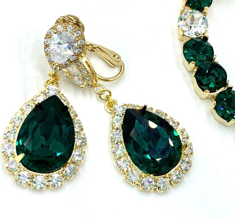 Christmas Jewelry Set,Swarovski Emerald Green Earrings and Necklace,Matching Emerald Bracelet,Wedding Jewelry,Bridal Jewelry,Christmas Gift image 1