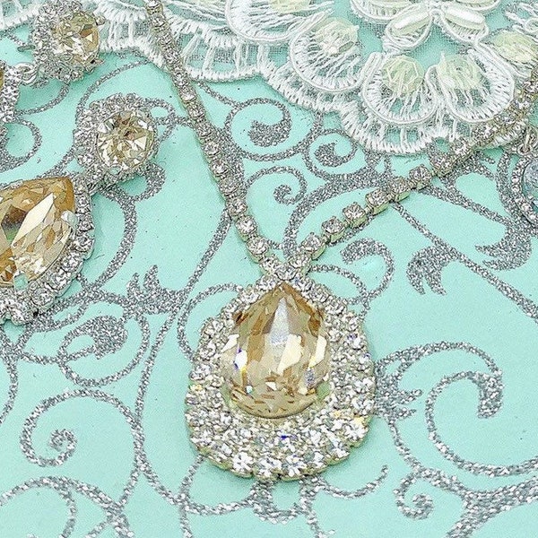 Swarovski Light Silk Champagne Statement Jewelry Set,Brilliant Teardrop Stones,Necklace,Teardrop Earrings and Bracelet,Sterling Gold Overlay