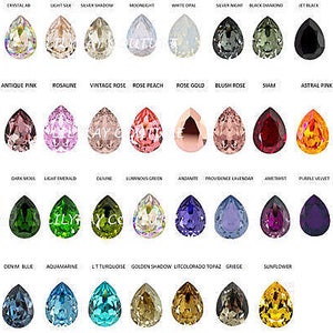 May include: A chart of 40 different colored teardrop-shaped crystals. The crystals are arranged in four rows of ten. Each crystal is labeled with its name.