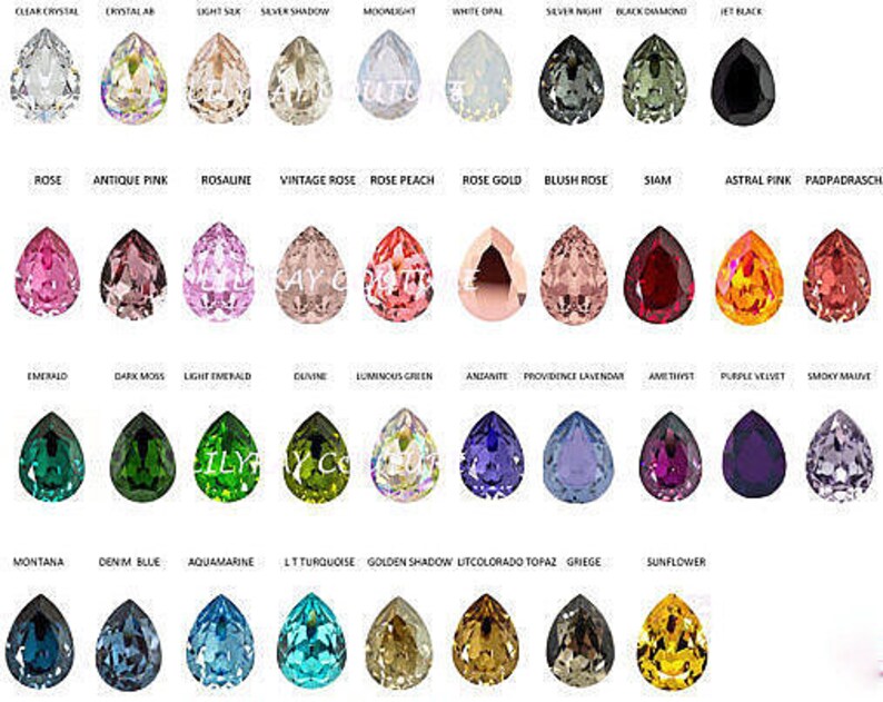 May include: A chart of 40 different colored teardrop-shaped crystals. The crystals are arranged in four rows of ten. Each crystal is labeled with its name.