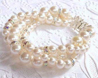 Bridal Pearl Bracelet,Triple Strand AAA Swarovski Crystal Pearls,Fine STERLING SILVER Clasp,Available in White,Cream.Grey,Champagne