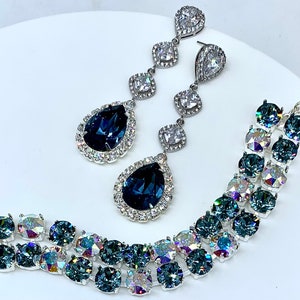 Statement Wedding Jewelry Set,Rich Swarovski Denim Blue Crystal Teardrops,Dangling CZ Bridal Teardrop Earrings,Gold or Sterling Overlay Bild 1