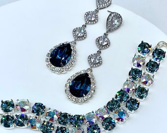 Ensemble de bijoux de mariage de déclaration, Rich Swarovski Denim Blue Crystal Teardrops, Boucles d'oreilles pendantes CZ Bridal Teardrop, Gold ou Sterling Overlay