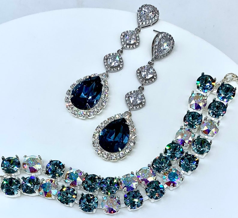 Statement Wedding Jewelry Set,Rich Swarovski Denim Blue Crystal Teardrops,Dangling CZ Bridal Teardrop Earrings,Gold or Sterling Overlay Bild 1