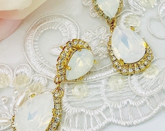 Statement White Opal Bridal Jewelry Set,Large Swarovski Stone Teardrops,Gold Overlay,Sterling Overlay,Posts Clip On,Wedding Jewelry