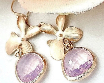 Ice Pink Opal Orchid Wedding Jewelry,Dangling Cushion Cut Crystals,Bridesmaid Earrings and Necklace,Bridal Jewelry,Pierced or Clip-Ons