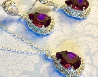 Amethyst Wedding Earrings,Purple Amethyst Jewelry Set,Swarovski Teardrops and CZs,Bridal Jewelry,Sterling or Gold Overlay,Rose Gold