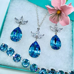 Swarovski Gorgeous New Ice Blue Crystals Bridal Jewelry Set,Blue Bridesmaids Gift,AAA Swarovski Pear Teardrop Crystals,Wedding Jewelry image 3