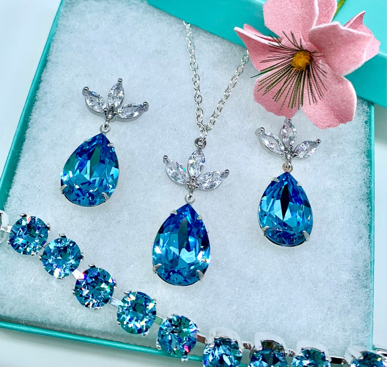 Swarovski Gorgeous New Ice Blue Crystals Bridal Jewelry Set,Blue Bridesmaids Gift,AAA Swarovski Pear Teardrop Crystals,Wedding Jewelry image 3