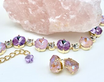 Lavender and Soft Pink Swarovski Crystals Bracelet,Valentines Gift,Heavenly Lilac Shades,Matching Necklace Earrings,Gold or Silver Settings