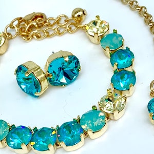 Dreamy Blues Jewelry Set,Sparkling Swarovski Turquoise Crystals,12mm Earrings,Necklace and Tennis Bracelet,Gold or Silver,Rose Gold image 3
