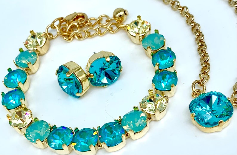 Dreamy Blues Jewelry Set,Sparkling Swarovski Turquoise Crystals,12mm Earrings,Necklace and Tennis Bracelet,Gold or Silver,Rose Gold image 3