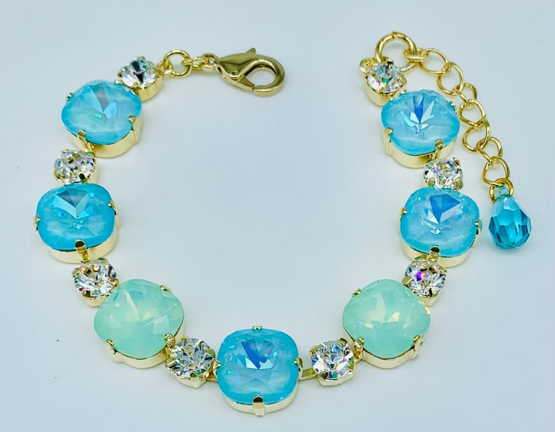 Statement Turquoise Swarovski Crystals Bracelet,Mothers Day Gift,Heavenly Chrysolite Opal and Aqua Shades,Matching Necklace,Posts or Clip On image 4