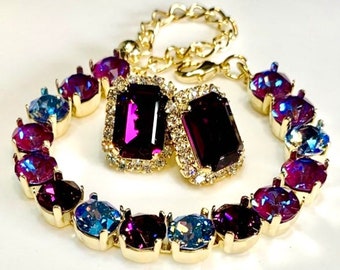 Statement Amethyst Jewelry Set,Brilliant Swarovski Crystals,Clip On or Posts,Matching Necklace Bracelet,Bridesmaids Gift,Christmas Jewelry