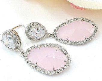 Blush Pink Opal Bridal Earrings,Elegant Ice Pink Bridesmaids Jewelry,CZ Teardrop Earrings,Clip-On or Pierced,Wedding Jewelry,Bridesmaid Gift