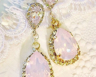 Clip-On or Post Blush Pink Rose Water Opal Earrings,Bracelet and Necklace Set,Wedding Jewelry,Silver or Gold Overlay,Swarovski Stone