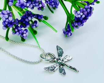 Artisan Hammered Dragonfly Pendant,Sterling Silver Necklace Chain,Valentines Gift,3 Dimensional Dangling Charm,Birthday Gift,Free Shipping