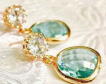 Bridesmaids Aquamarine Crystal and CZ Earrings,Rose Gold Bezels,Fancy cut Glass Crystals,Wedding Jewelry,Bridesmaids Gifts,Special Occasion