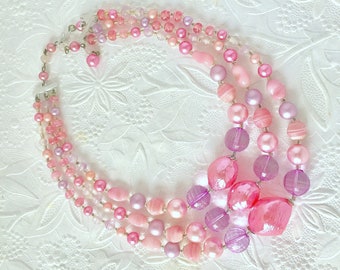 Barbie Antique Bright Pink Necklace,Vintage Pink and Lavender Glass Beads,Silver Findings,Adjustable 3 Strand Necklace,Excellent Condition