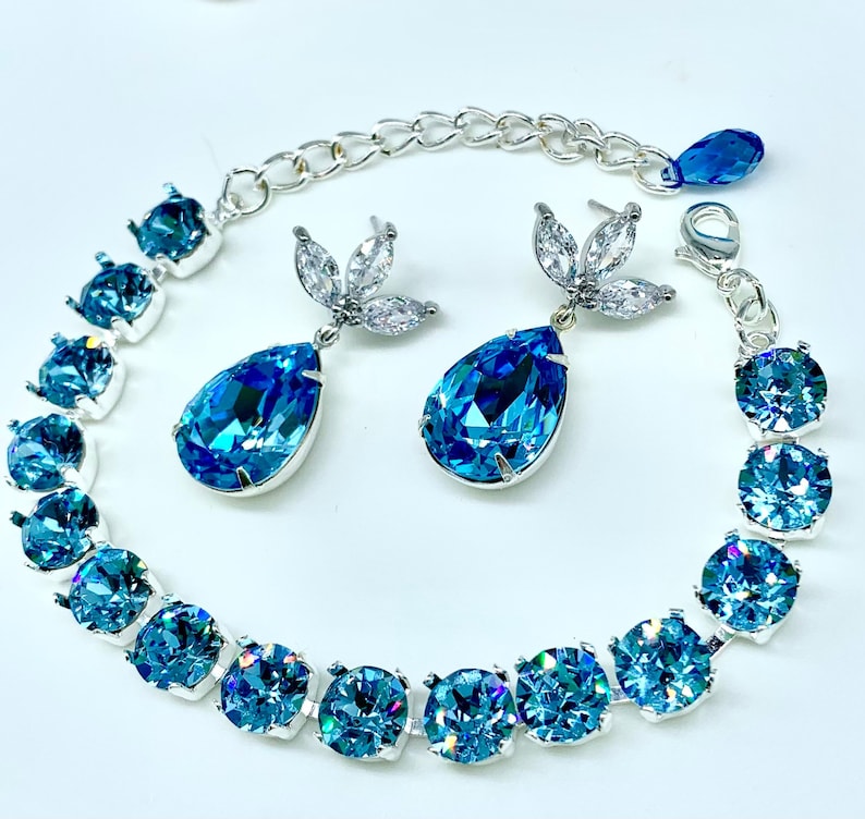 Swarovski Gorgeous New Ice Blue Crystals Bridal Jewelry Set,Blue Bridesmaids Gift,AAA Swarovski Pear Teardrop Crystals,Wedding Jewelry image 1