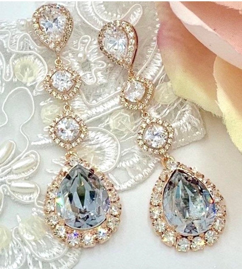 Statement Swarovski Dusty Blue Wedding Jewelry Set,Large Dusty Blue Teardrops,Dangling CZ Bridal Teardrop Earrings,Statement Bridal Earrings image 1