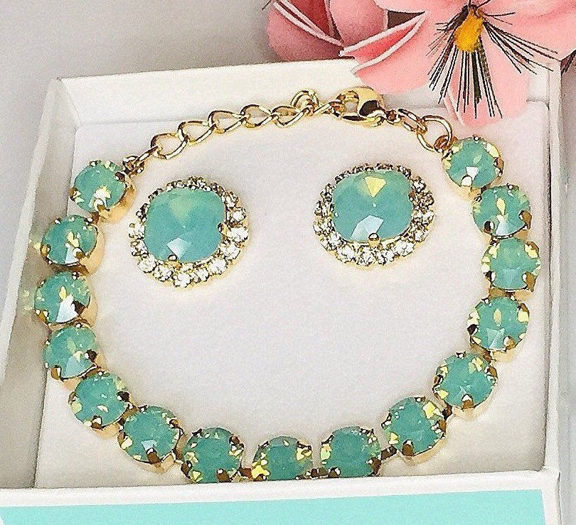 Swarovski Crystals Bridal Jewelry Set,Pacific Opal Bridesmaid Gift,Tropical Wedding Earrings and Bracelet,Matching Necklace,Mothers Day Gift