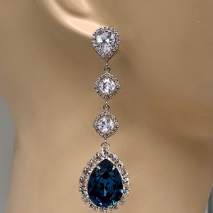 Statement Wedding Jewelry Set,Rich Swarovski Denim Blue Crystal Teardrops,Dangling CZ Bridal Teardrop Earrings,Gold or Sterling Overlay Bild 2