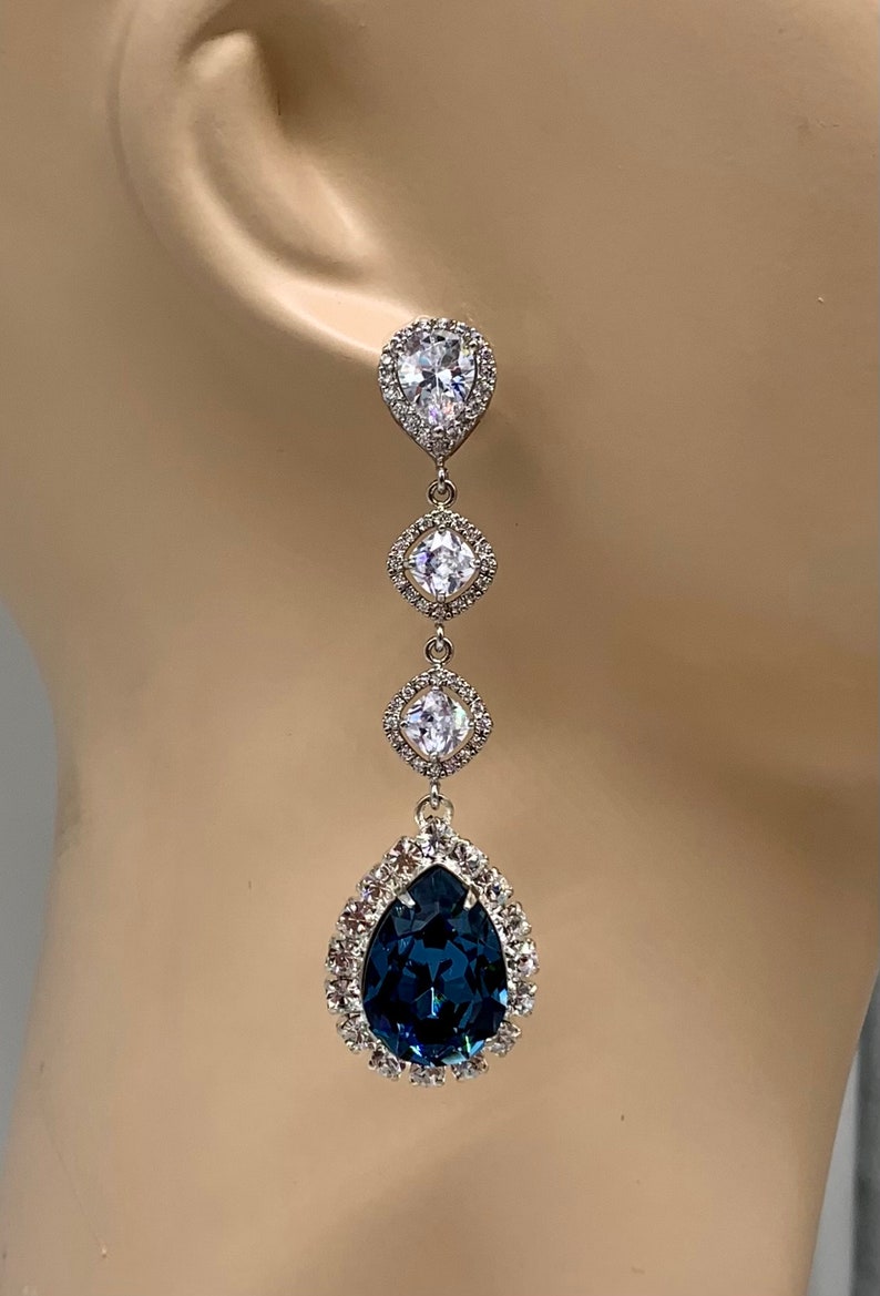 Statement Wedding Jewelry Set,Rich Swarovski Denim Blue Crystal Teardrops,Dangling CZ Bridal Teardrop Earrings,Gold or Sterling Overlay Bild 2