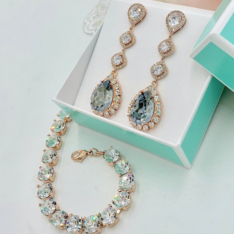 Statement Swarovski Dusty Blue Wedding Jewelry Set,Large Dusty Blue Teardrops,Dangling CZ Bridal Teardrop Earrings,Statement Bridal Earrings image 2