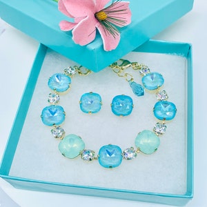 Statement Turquoise Swarovski Crystals Bracelet,Mothers Day Gift,Heavenly Chrysolite Opal and Aqua Shades,Matching Necklace,Posts or Clip On image 2