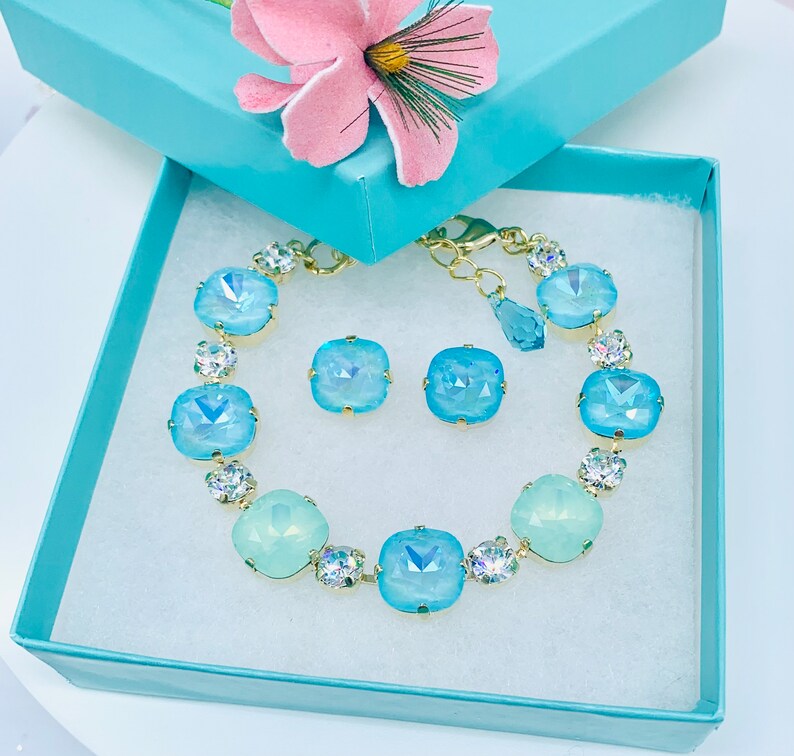 Statement Turquoise Swarovski Crystals Bracelet,Mothers Day Gift,Heavenly Chrysolite Opal and Aqua Shades,Matching Necklace,Posts or Clip On image 2