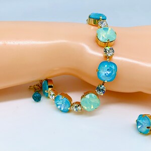 Statement Turquoise Swarovski Crystals Bracelet,Mothers Day Gift,Heavenly Chrysolite Opal and Aqua Shades,Matching Necklace,Posts or Clip On image 5