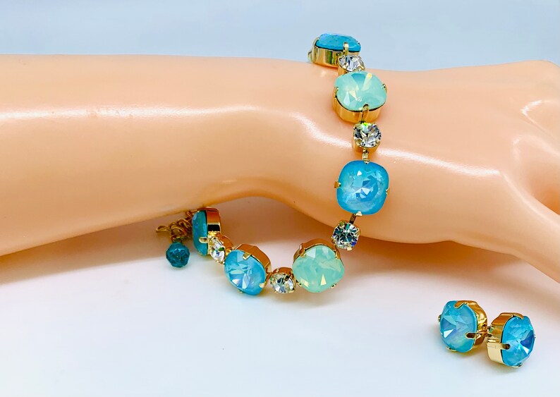 Statement Turquoise Swarovski Crystals Bracelet,Mothers Day Gift,Heavenly Chrysolite Opal and Aqua Shades,Matching Necklace,Posts or Clip On image 5