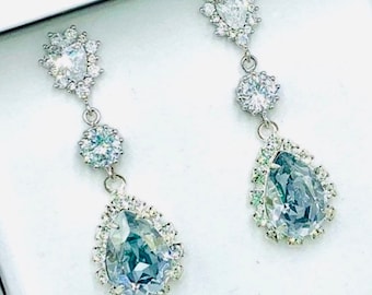Dusty Blue Bridal Earrings,Swarovski Crystal Teardrop Stones,Wedding Jewelry Set,Double Teardrop Earrings,Rose Gold,Gold or Sterling Overlay