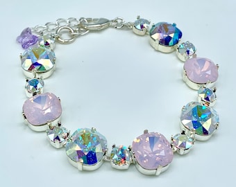 Bracelet tendance en cristal, rose lilas et cristal AB 12 mm, légendaires cristaux autrichiens, superposition en sterling ou en or, cadeau d'anniversaire de mariage