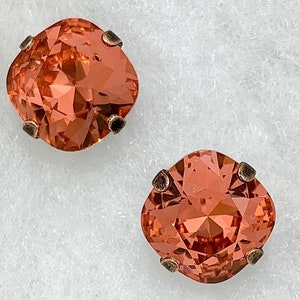 Brilliant Orange Crystal Earrings,Swarovski 12mm Cushion Cut Crystals,Bronze or Gold or Silver or Rose Gold or Antique Copper Settings image 1