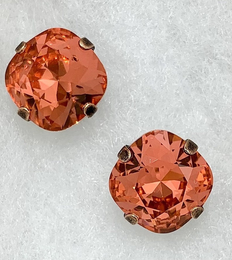 Brilliant Orange Crystal Earrings,Swarovski 12mm Cushion Cut Crystals,Bronze or Gold or Silver or Rose Gold or Antique Copper Settings image 1